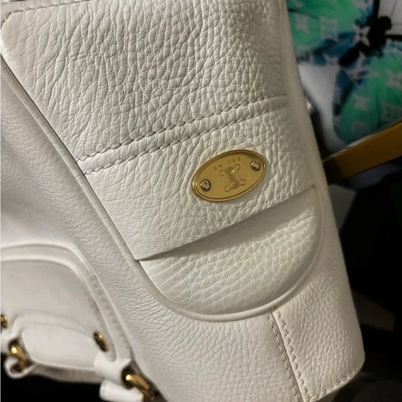 Celine Boogie White Leather Handbag with Gold Accents